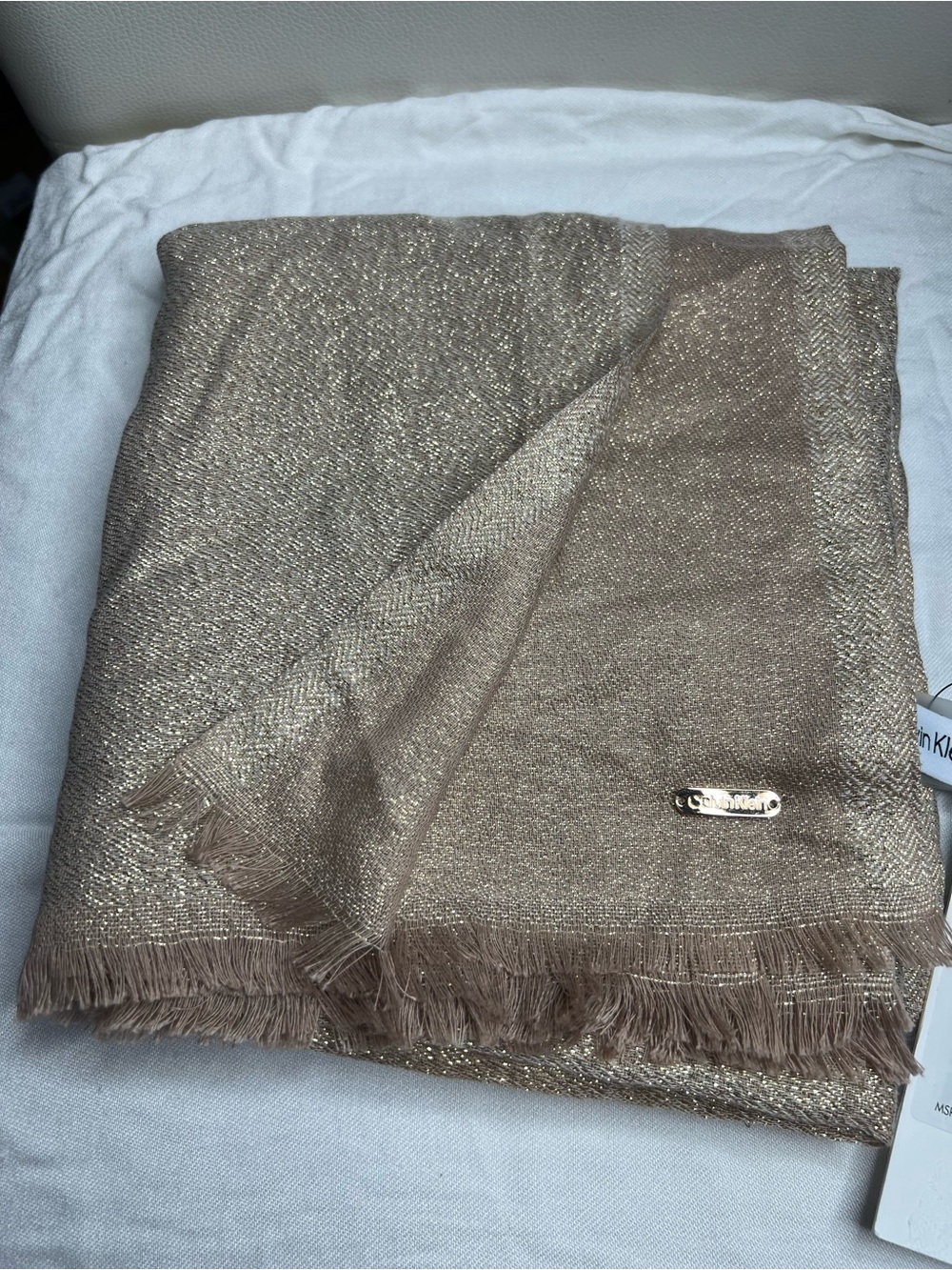 Calvin Klein Metallic Taupe Fringe Shawl